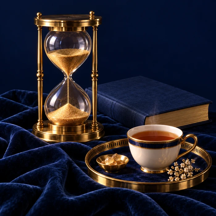 A brass hourglass, blue book and tea arranged for a quiet break