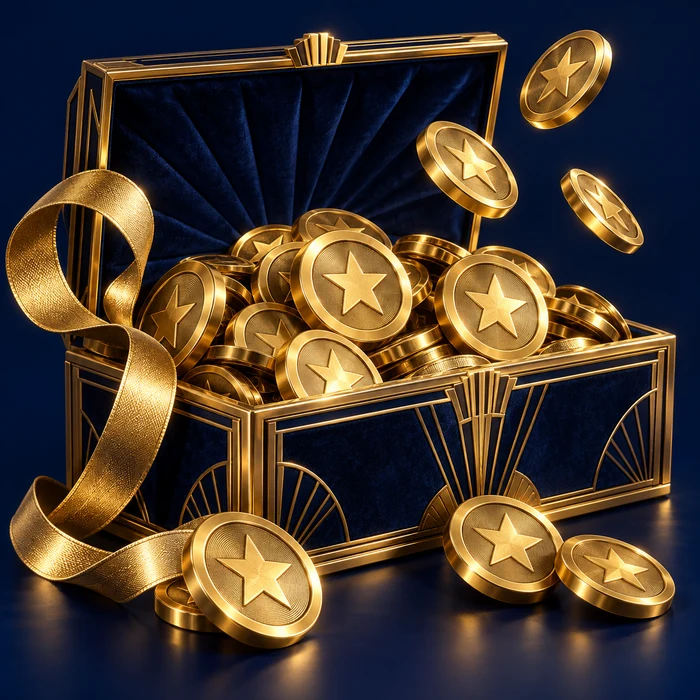 An open Art Deco keepsake box filled with fictional gold star play tokens