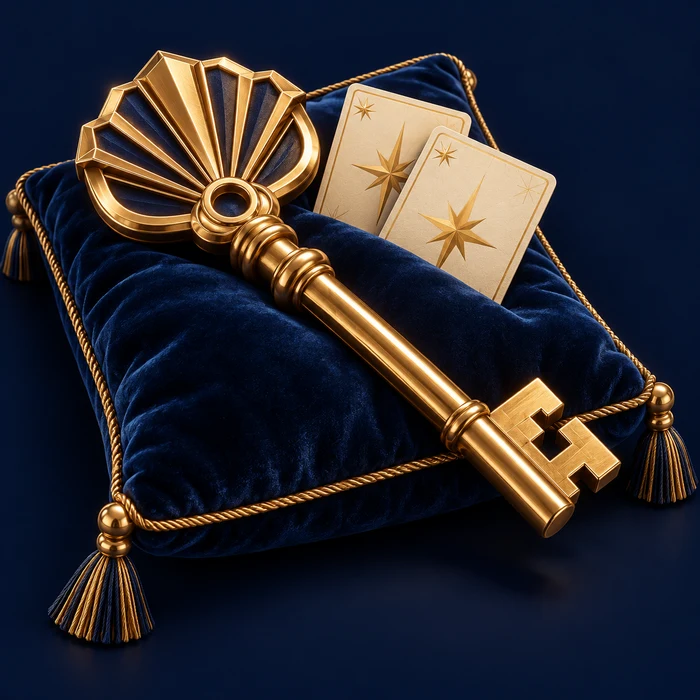 A gilded Art Deco entrance key on a blue velvet cushion